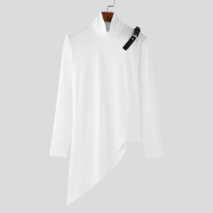 Mode solide fosse rayure T-shirt hommes col montant à manches longues conception irrégulière pull coupe ajustée élastique sport t-shirts Streetwear