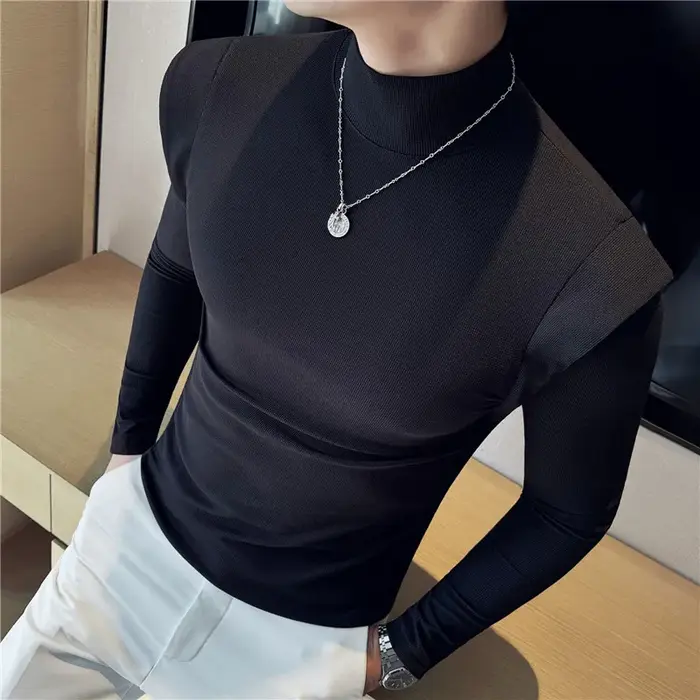 Mode faux deux pièces T-Shirts pour hommes à manches longues couleur unie élastique