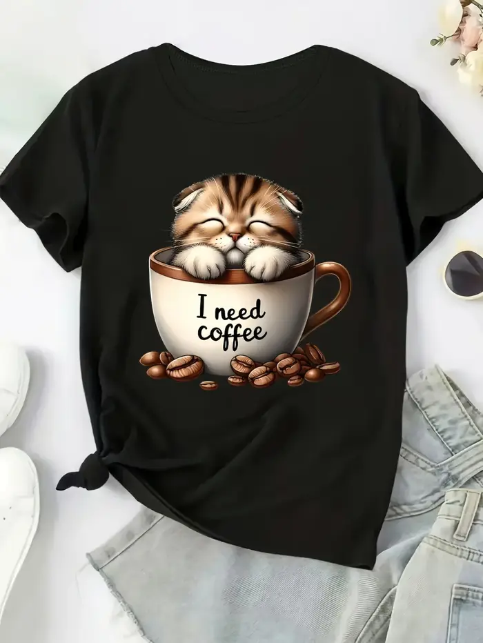 T-shirt imprimé graphique chaton et café pour femme, style Harajuku, décontracté, à manches courtes,