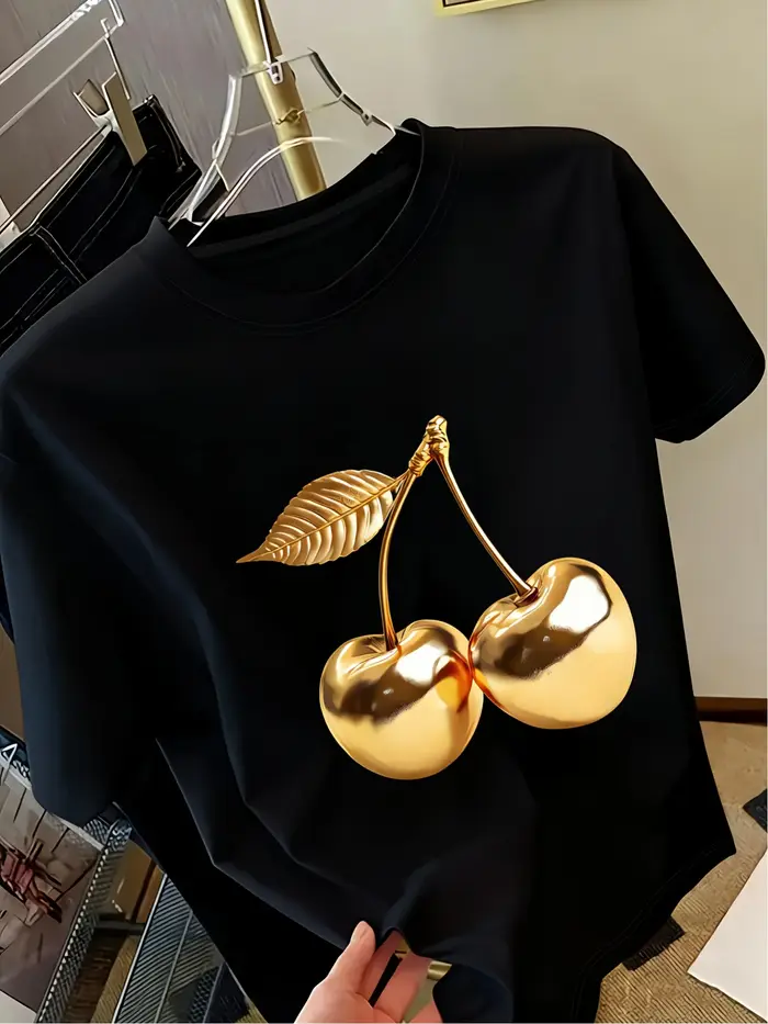 T-shirt à manches courtes pour femme avec imprimé cerises dorées