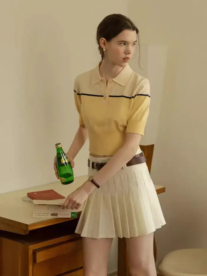 T-Shirt tricoté à col Polo contrasté français pour femmes