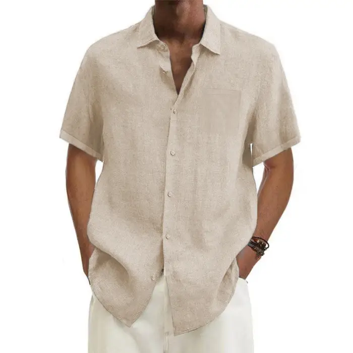 Chemises à manches courtes pour hommes, en coton et lin, couleur unie, col rabattu, décontracté, Sty