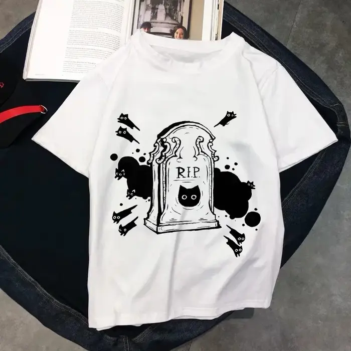 T-shirt col rond femme blanc, estival et aéré, avec chat kawaii, 2020