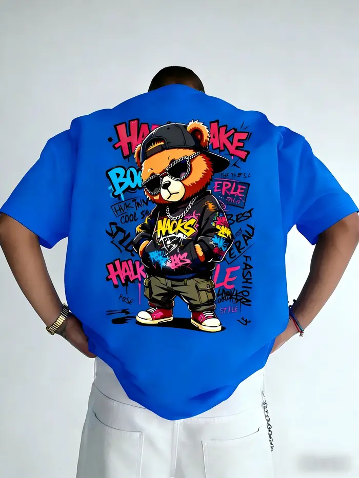 T-shirt à col rond pour hommes européens et américains, imprimé graffiti ours en peluche, confortabl