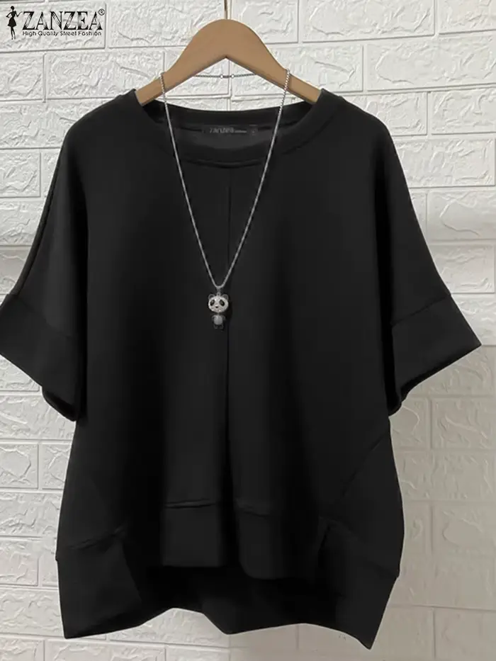 ZANZEA Streetwear ourlet asymétrique T-Shirts femmes décontracté col rond demi manches Patchwork T-S