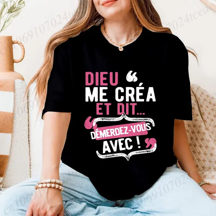 T-shirts pour femmes T-shirt décontracté à col rond avec citation française "Dieu Me C'est Mon Saint" - Haut à manches courtes avec lettres ludiques imprimées