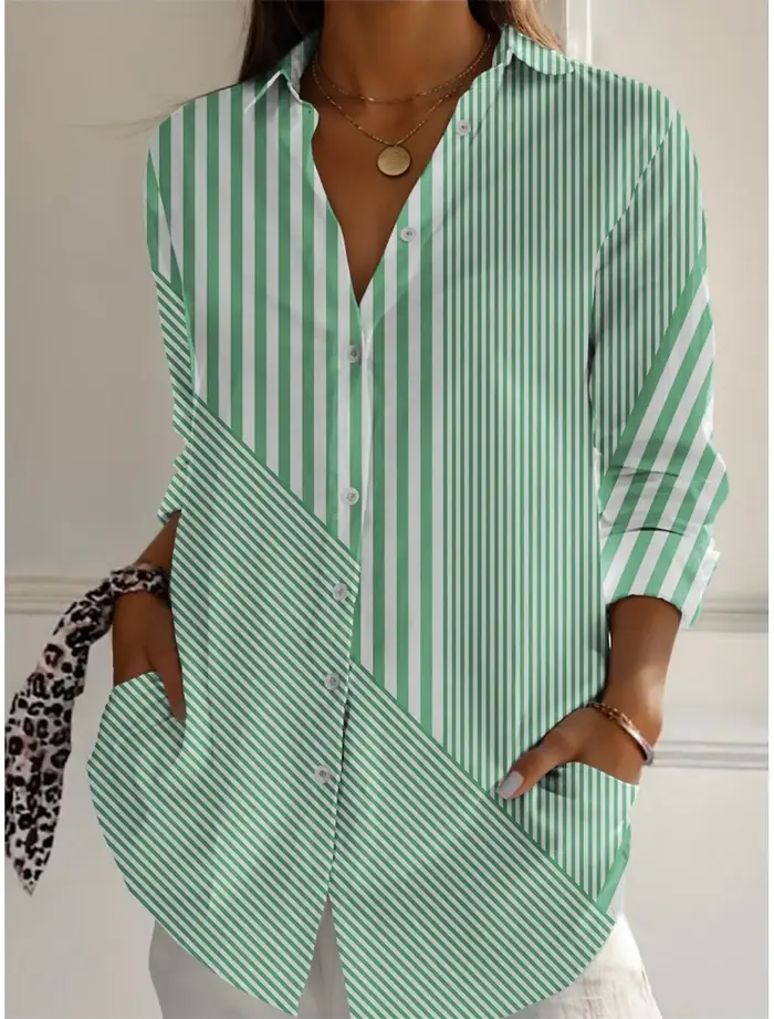 2025 chemises pour femmes rayé graphique Blouse revers cou Blouse femmes à manches longues chemises
