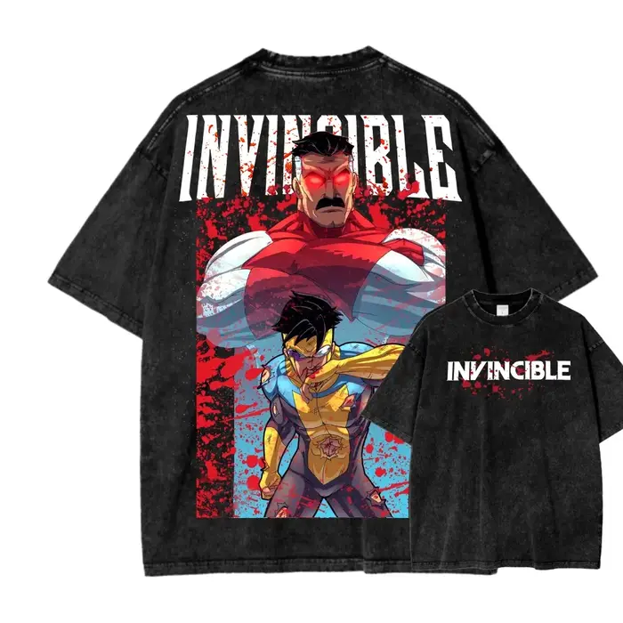 T-shirt en coton à col rond imprimé graphique d'anime de super-héros Invincible