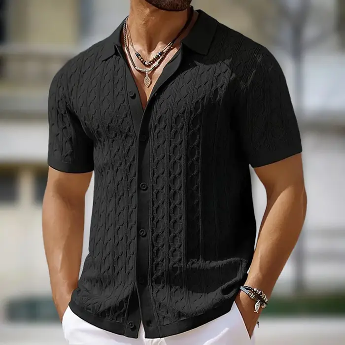 Polo en tricot décontracté pour homme, manches courtes, boutonné, couleur unie, tricot texturé, lége