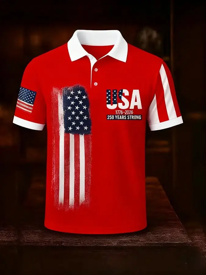 Polo Homme Drapeau Américain Tendance en Promotion – Style Rétro Respirant à Manches Courtes pour le Jour de
