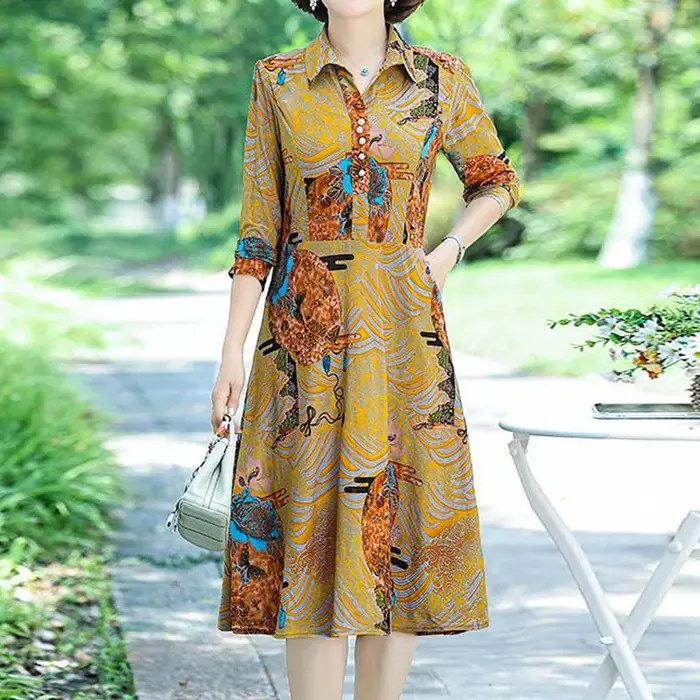 Robe imprimée Vintage et élégante pour femme, col Polo, manches longues, ample, épissée de perles, v