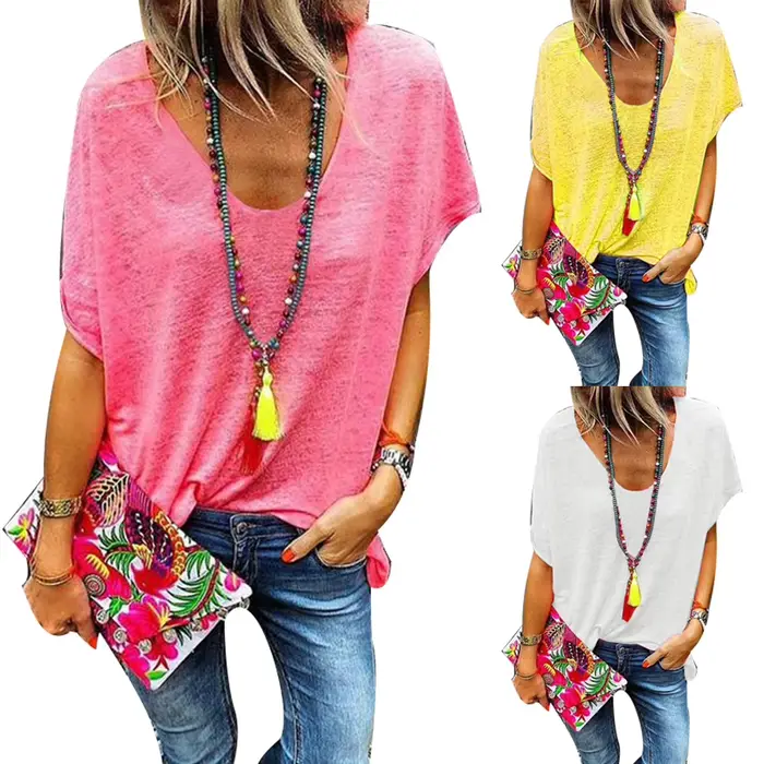 T-Shirt ample femmes surdimensionné couleur bonbon col en V dames sweat à manches courtes