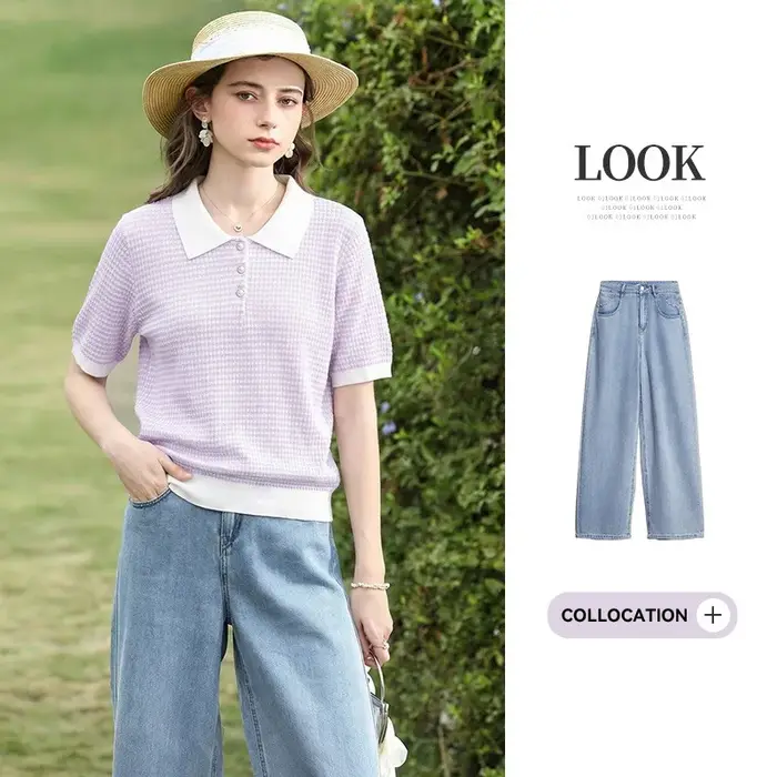 I BELIEVE YOU Polo à manches courtes en tricot à carreaux violets pour femme