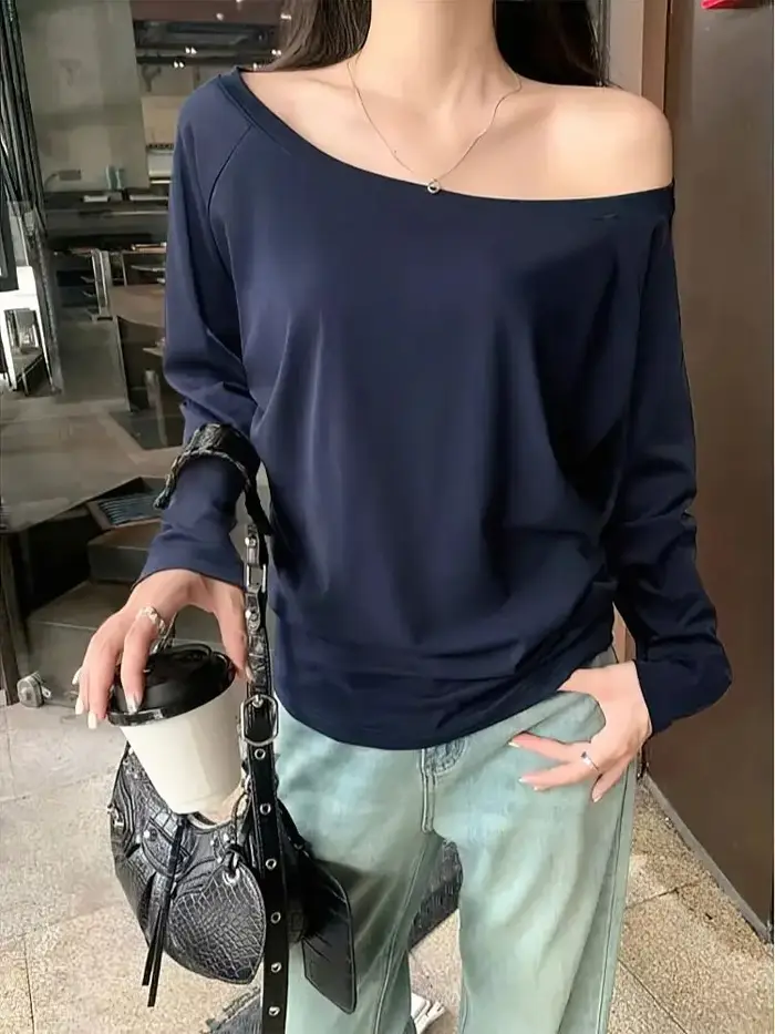 Hors de l'épaule à manches longues t-shirt femmes printemps automne lâche Sexy une épaule haut dame décontracté basique t-shirts école Preppy Blouse