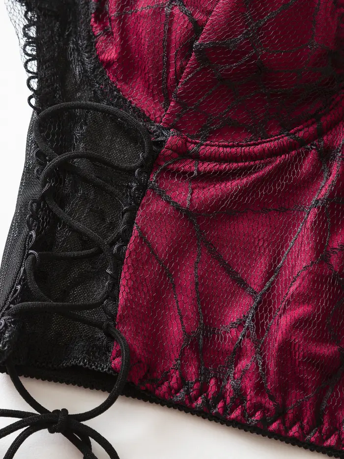 Crop top gothique à bretelles motif toile d'araignée, style rétro sombre, sexy et moulant, idéal comme vêtement d'extérieur ou de dessous pour les filles branchées