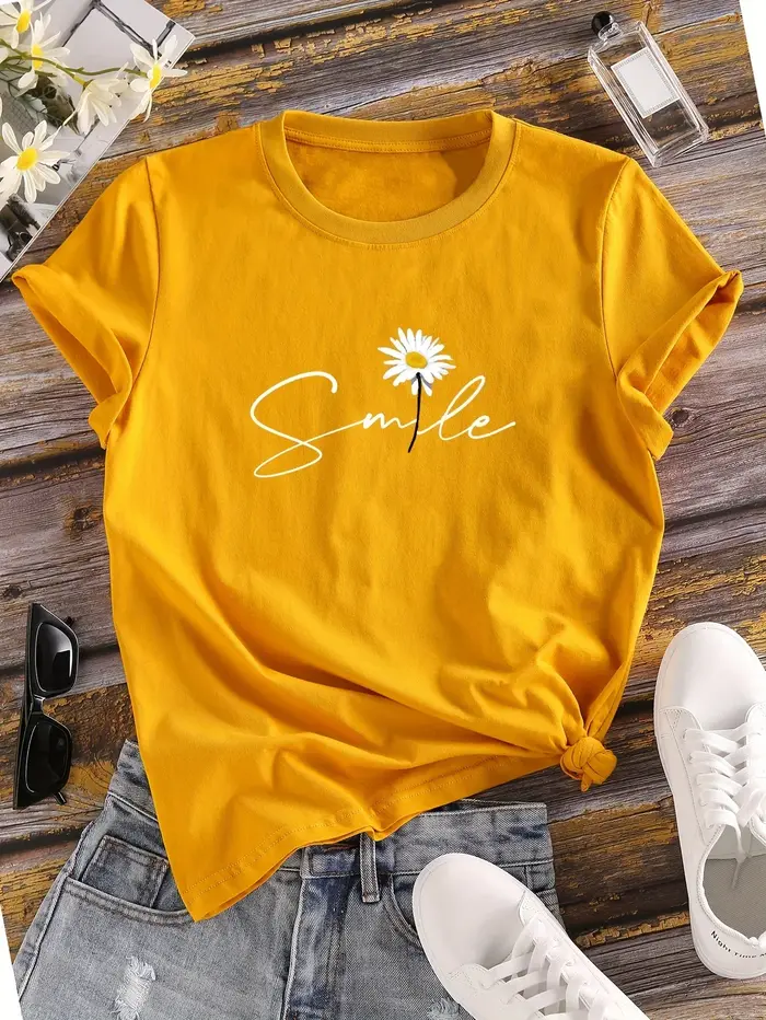 T-shirt à col rond pour femme avec imprimé floral et lettres