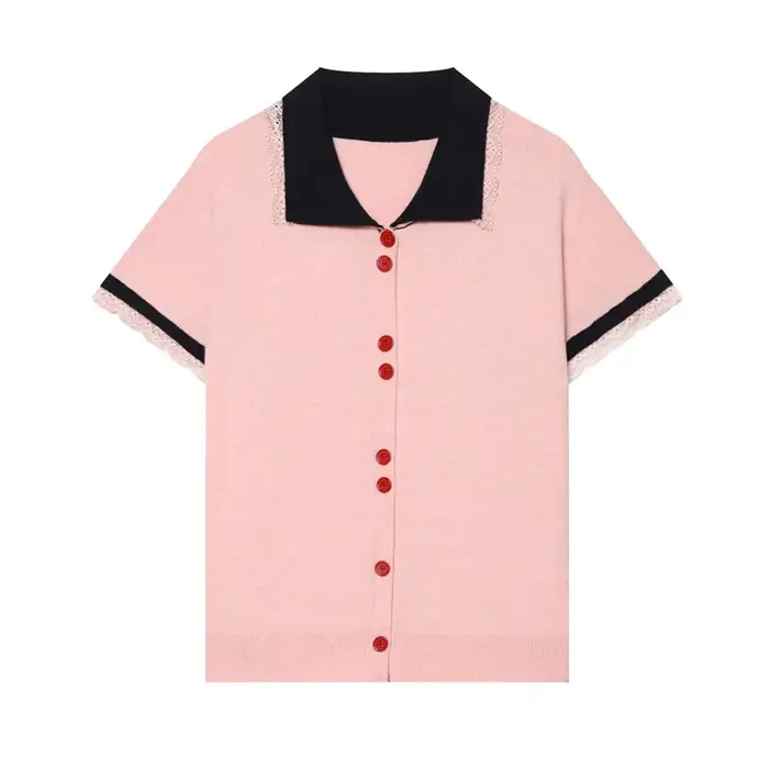 T-shirt pour femmes, nouveau haut cardigan à manches courtes avec bordure en dentelle contrastante