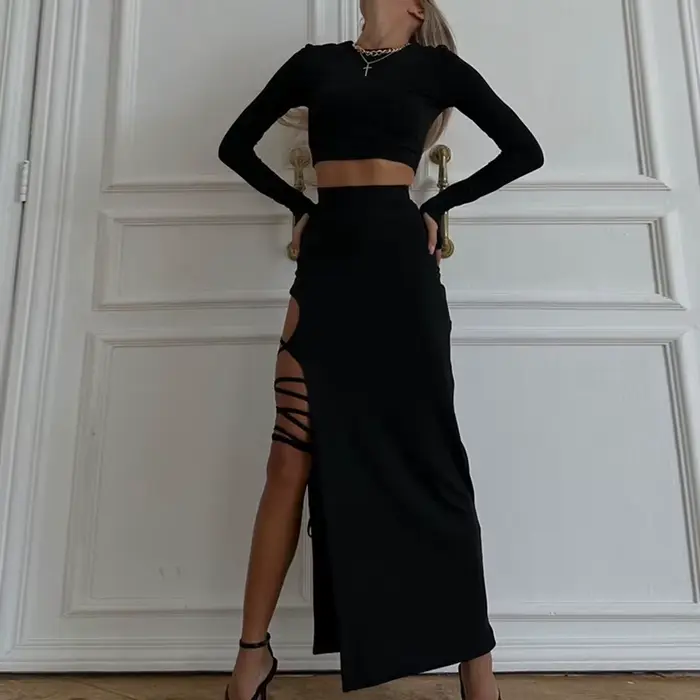Haut à manches longues et col rond pour femme, couleur unie, décontracté, à la mode et sexy, avec br