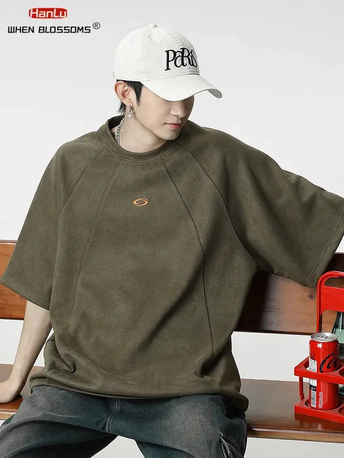 HANLU nouvel été hommes daim T-shirt broderie Vintage Hip Hop surdimensionné