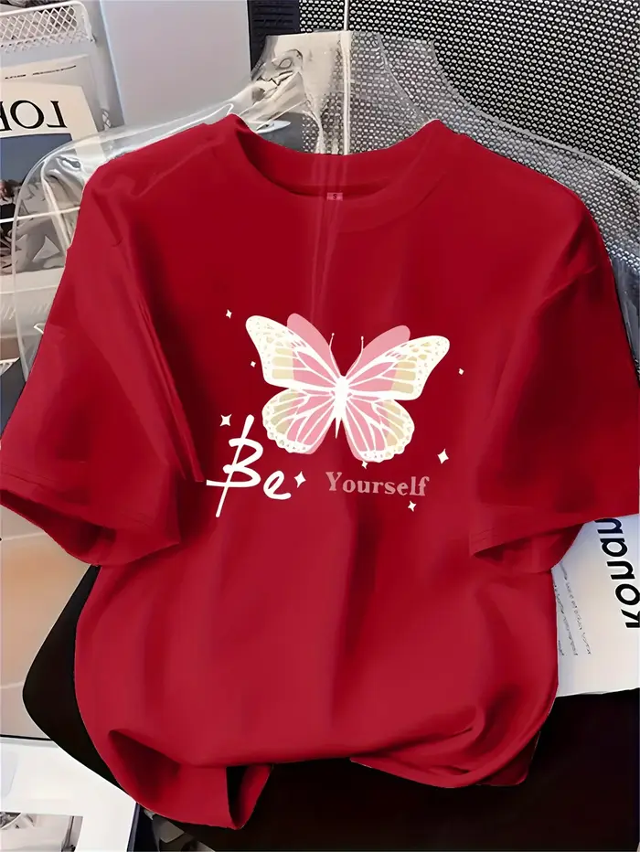 T-shirt imprimé pour femmes, motif papillon rose, doux et confortable, à manches courtes, pour un st