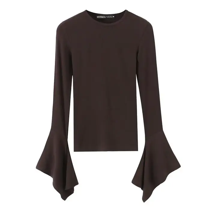 T-shirt noir à manches longues et col rond pour femme, coupe ajustée, style streetwear, en coton tri