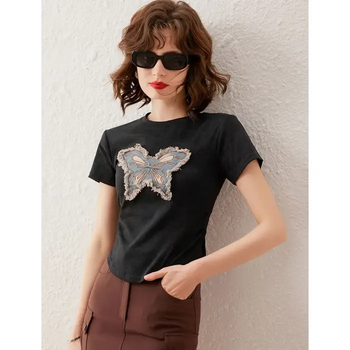 Modiis YAO-T-shirt à manches courtes et col rond pour femme, haut décontracté, pull, broderie délavée papillon, coupe couvertes, mode estivale, 2024