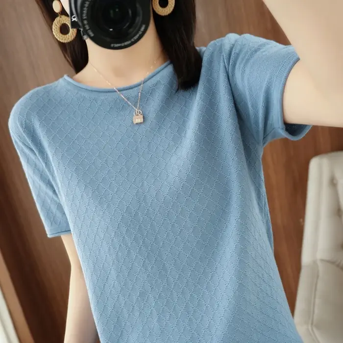 T-shirt femme printemps/été 100% coton pull à manches courtes décontracté roulé col rond dames hauts
