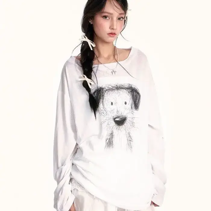 Style américain t-shirts femmes croquis imprimé à manches longues T-shirt 2025 été mince légèrement 