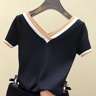 T-shirt rayé à col en V pour femmes, haut d'été, vêtements pour femmes, 2024