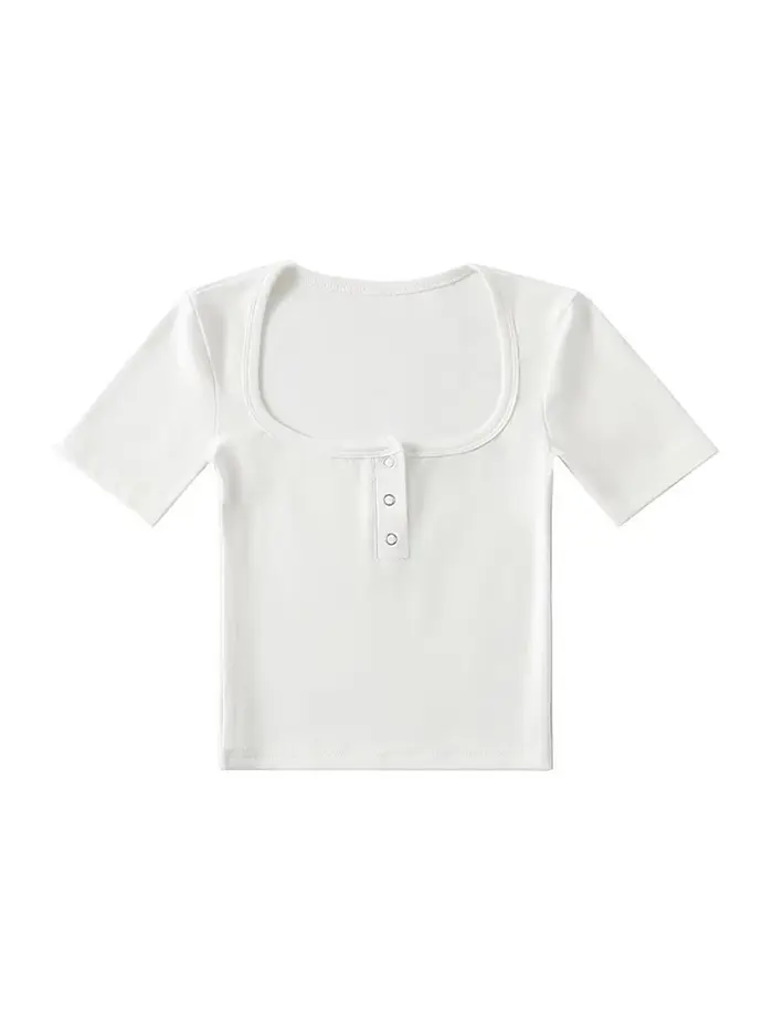T-shirt court à manches courtes et boutons sur le devant pour femmes