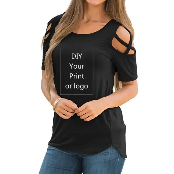 T-shirt manches courtes pour femmes, haut à épaules dénudées, personnalisé, avec Photo ou Logo, ajou