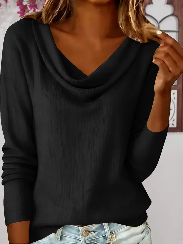 T-shirt élégant à col bénitier et manches longues - Couleur unie en mélange de lin et de coton tissé