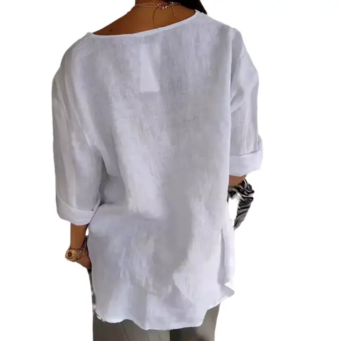 Lâche coton lin boutonné col en V t-shirt femmes été nouveau Style transfrontalier haut décontracté à la mode coupe