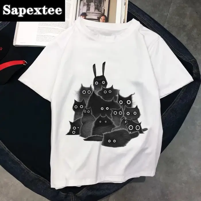 T-shirt col rond femme blanc, estival et aéré, avec chat kawaii, 2020