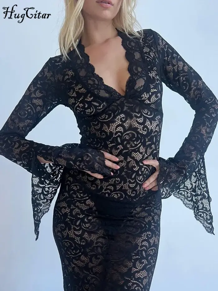 Hugcitar maille imprimé fleuri col en V manches longues évasées Sexy voir à travers Maxi robe printe