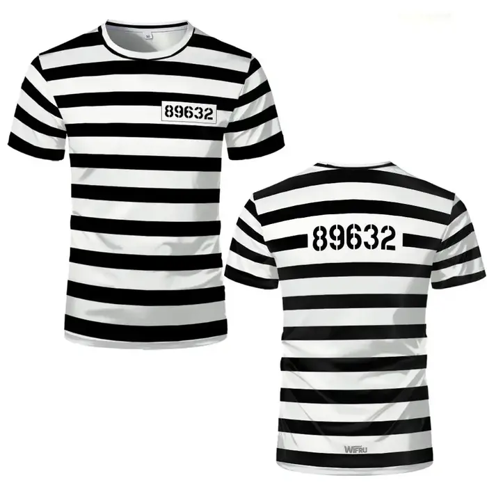 Nouveau T-shirt rayé Prisonnier 2026 Noir et Blanc Thème Prison Amusant et Original Manches Courtes Costumes de Fête Cosplay Homme et Femme