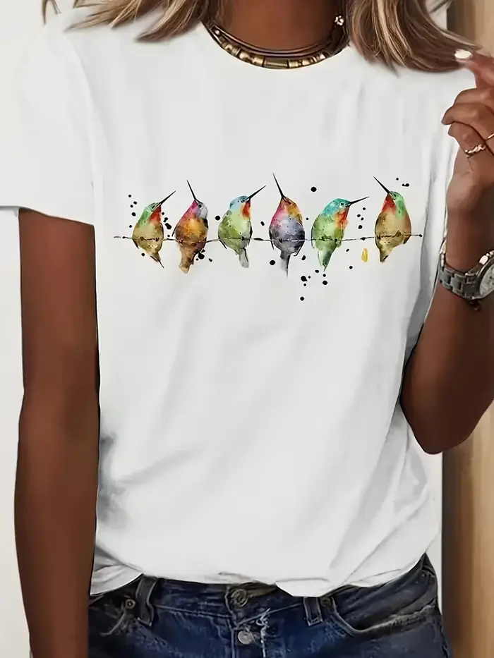 T-shirt unisexe décontracté en coton à col rond et manches courtes avec imprimé colibris aquarelle et accents floraux pour les amateurs d'oiseaux