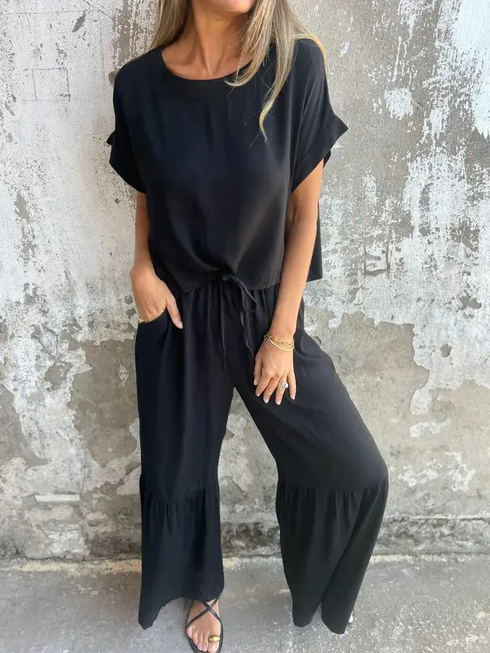 Nouveaux ensembles 2 pièces pour femmes : T-shirts amples à manches courtes et pantalons longs à vol