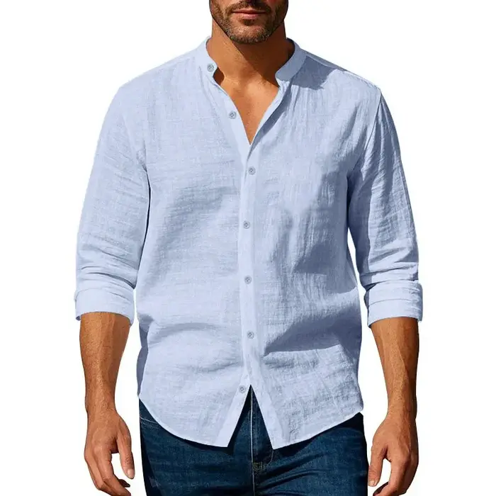 Chemise en coton et lin pour hommes, col Henley, couleur unie, légère, respirante, coupe cintrée, si