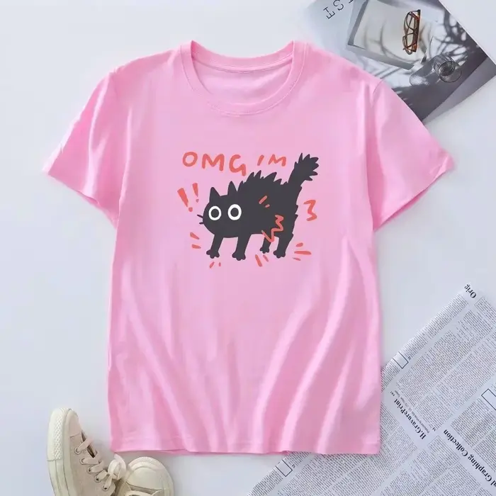 T-shirt imprimé chat effrayé pour femme