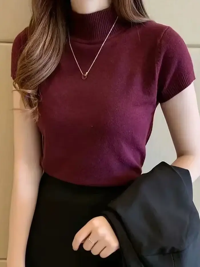 T-Shirt à col mi-haut pour femmes, pull à la mode, hauts décontractés, Style coréen, vêtements éléga
