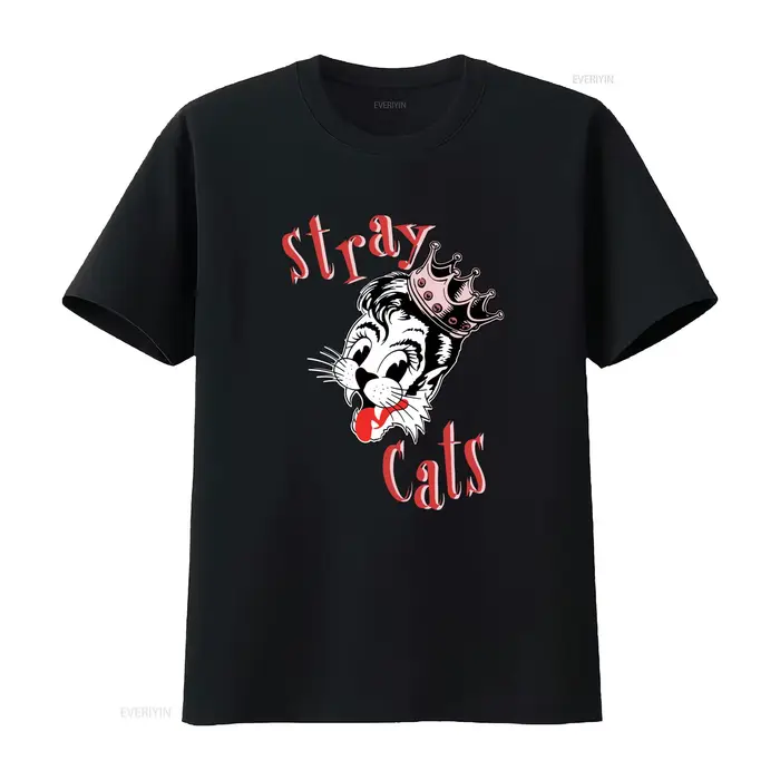 T-shirt vintage en coton Stray Cats Band, toutes tailles disponibles, base noire avec motif mignon d