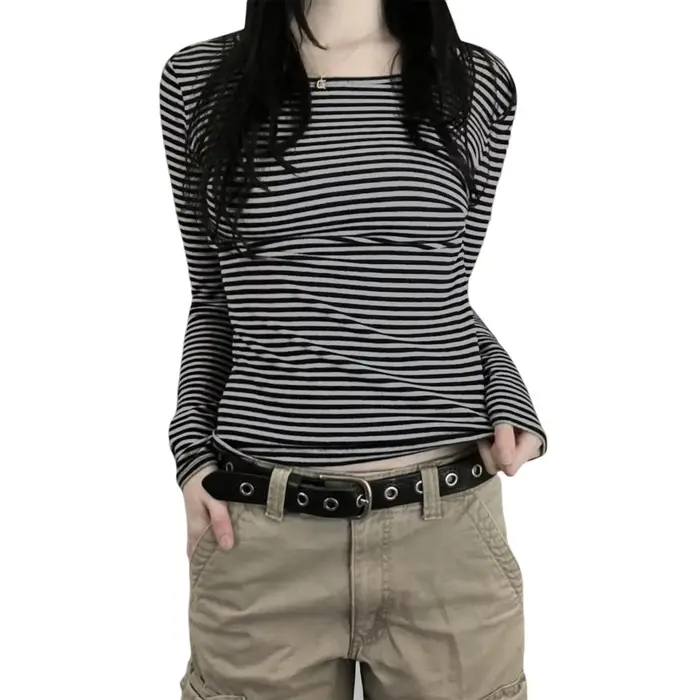 Chemises à manches longues pour femmes, mode décontractée, basique, col rond, rayé, Slim Fit, chemis