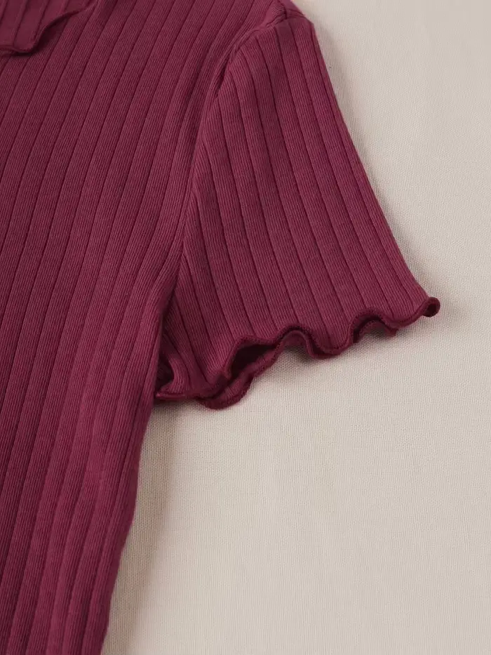 T-shirt côtelé bordeaux uni à manches courtes pour femme