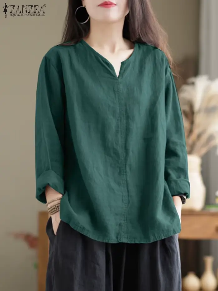 Vintage femmes coton Blouse automne col en V à manches longues hauts 2025 ZANZEA rétro solide chemis