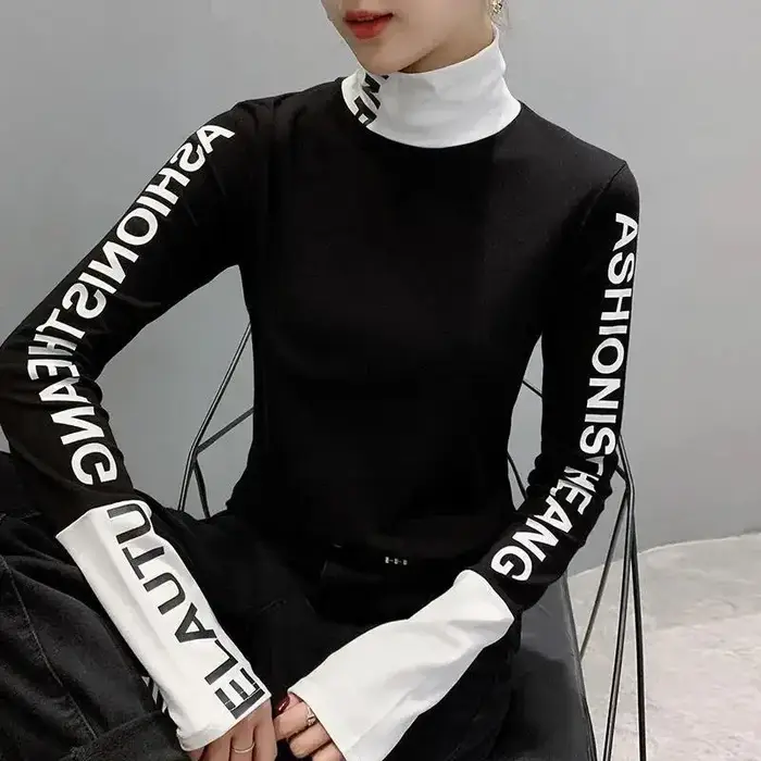 Vêtements chaud T-shirt haut jaune pour femmes avec impression 2025 col roulé femme T-shirt offre ha