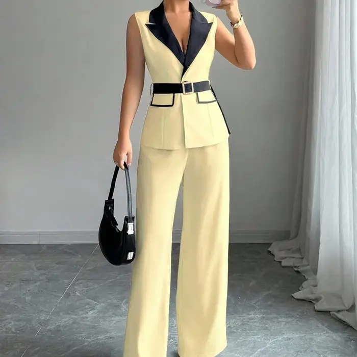 Ensemble pantalon large et gilet blazer élégant sans manches pour femme avec ceinture