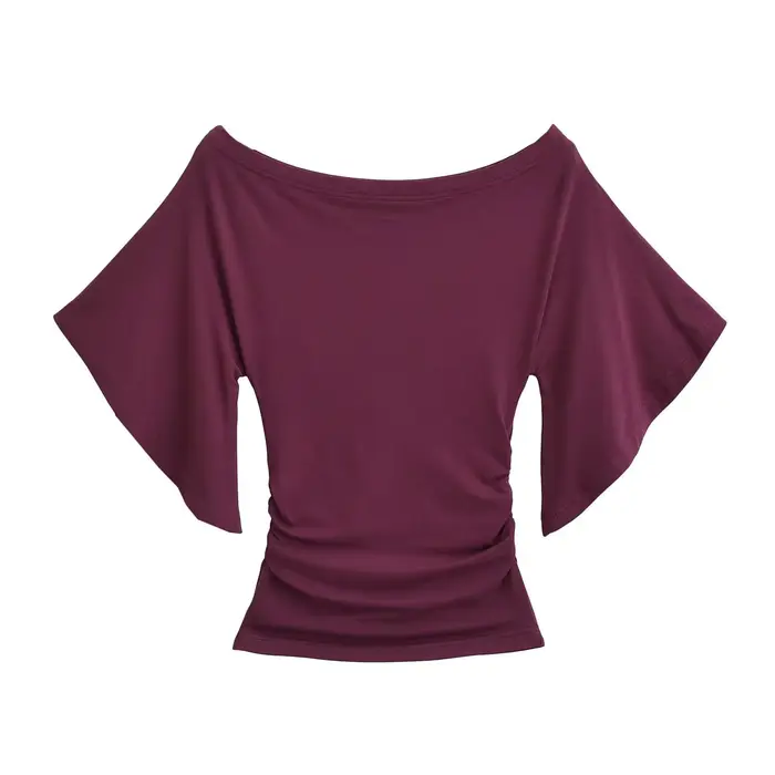T-shirt asymétrique à une épaule coupe ajustée, manches sept-quarts, style urbain, en polyester, pou