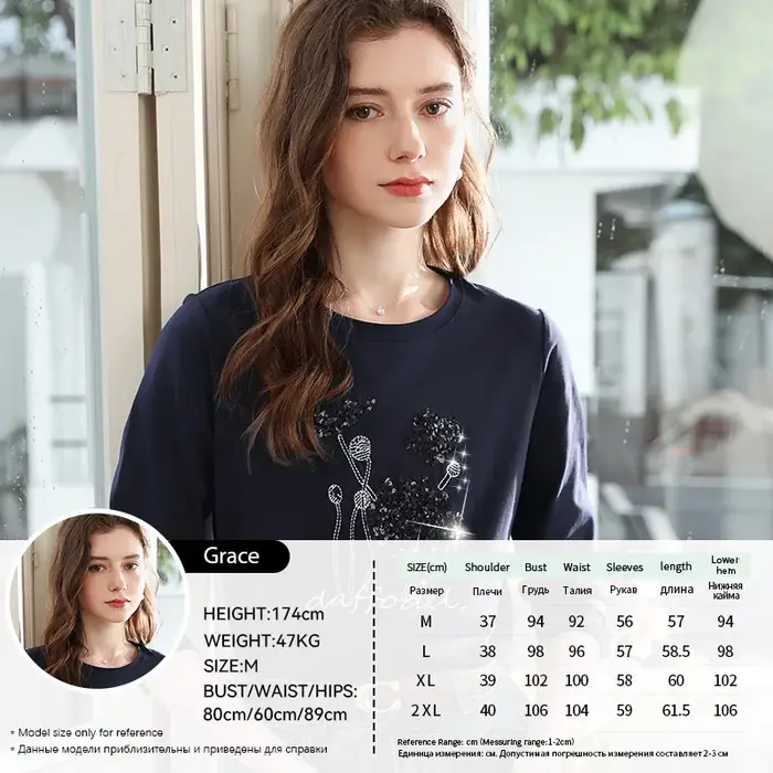 Je crois que vous T-shirt brodé de perles bleues pour femmes automne hiver 2025 col rond manches lon