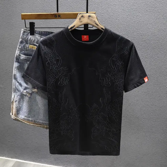 T-shirt manches courtes brodé de Style chinois pour hommes, haut polyvalent décontracté d'été
